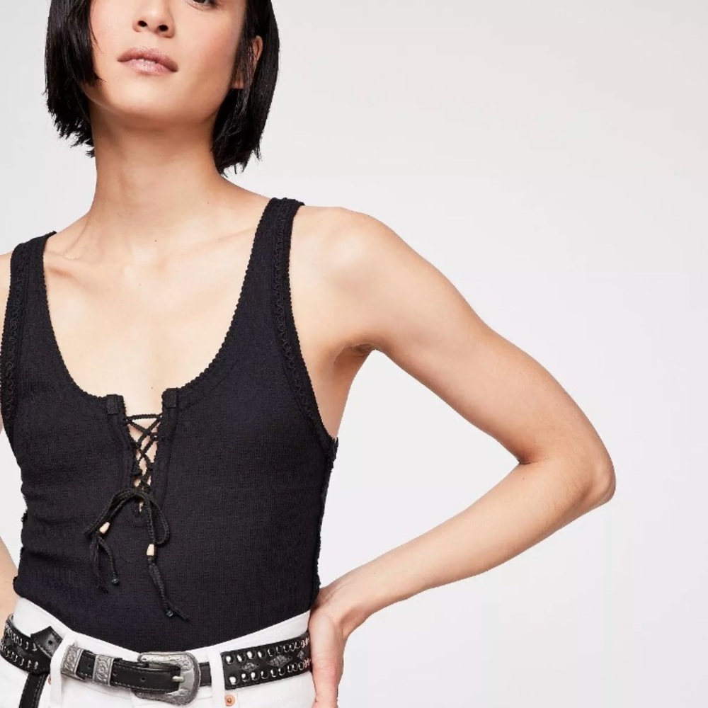 Free People Lace Up Black L TALL LONG Tank 10 12